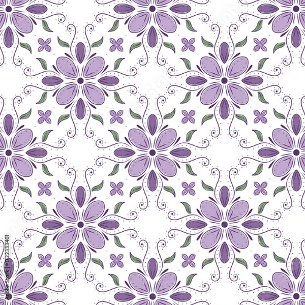 Obraz Ornamental Seamless Floral Pattern with Purple and Lavender Petals on White Background – Elegant Botanical Design with Green and Decorative Leaves for Vintage Themed Textiles, Wallpaper and Decor