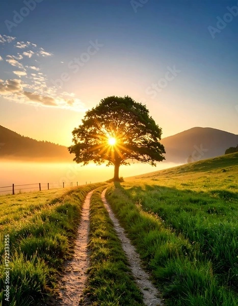 Fototapeta Sunrise over a tree-lined path
