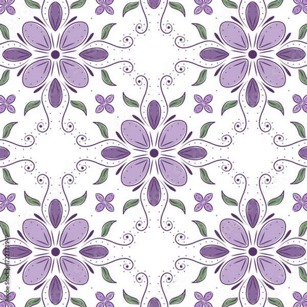 Fototapeta Ornamental Seamless Floral Pattern with Purple and Lavender Petals on a White Background – Elegant Botanical Design with Green and Decorative Leaves for Vintage-Themed Textiles, Wallpaper, and Decor