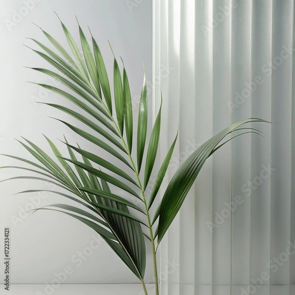 Fototapeta Green palm with reeded glass. White Reeded Glass. Ribbed Background. Minimal wood wall with sunny tree decoration. Plant leaves. Pure abstract design on empty background for clean modern look.