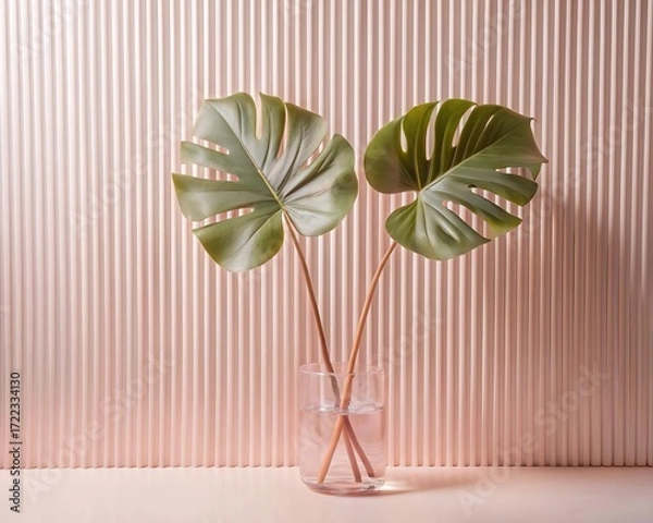 Fototapeta Green palm with reeded glass. Refreshing gradient background with stylish transparent elements. Ribbed Background. Plant leaves. Minimal magazine concept on wood banner. White Reeded Glass.