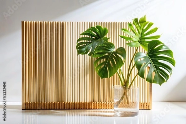 Fototapeta Green palm with reeded glass. White Reeded Glass. Ribbed Background. Minimal magazine concept on wood banner. Zen-inspired empty design with realistic blank space. Plant leaves.