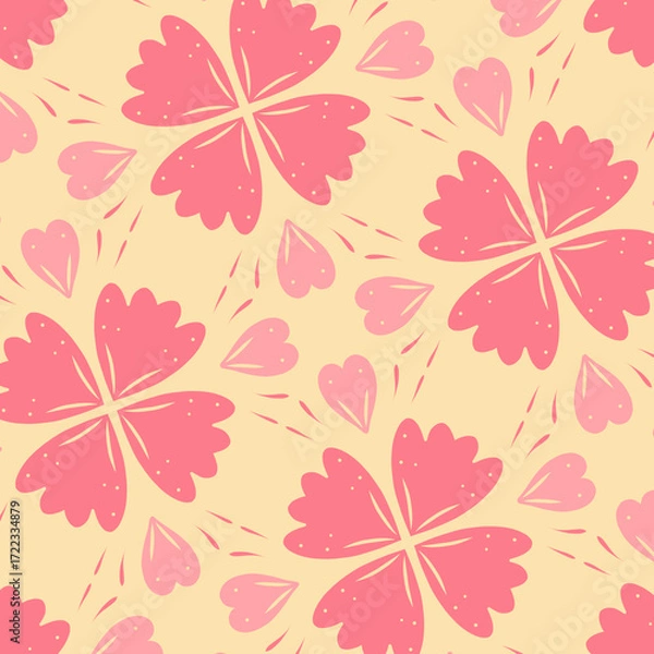 Obraz Stylized Pink Floral Seamless Pattern with Heart-Shaped Petals and Yellow Accents – Elegant Decorative Design for Packaging and Surface Design