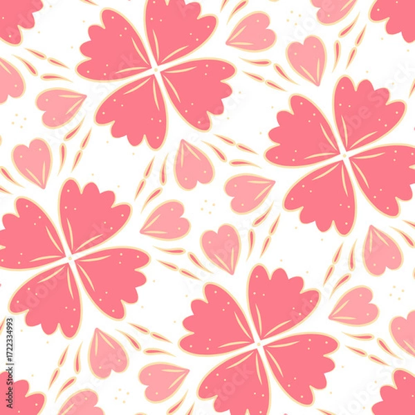 Obraz Seamless Floral Pattern with Stylized Pink Heart-Shaped Petals and Teardrop Accents on White Background – Whimsical Romantic Design for Textile, Stationery, and Valentine-Themed Decor