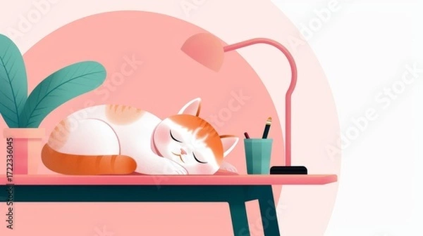Fototapeta Adorable cat soundly sleeping on a desk surrounded by workspace essentials and soft home ambiance