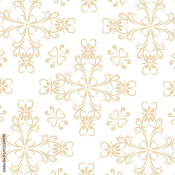 Obraz Elegant Golden Floral Swirl Seamless Pattern with Heart-Shaped Petals and Ornamental Leaves – Vintage Decorative Background for Textile, Wallpaper, and Surface Design