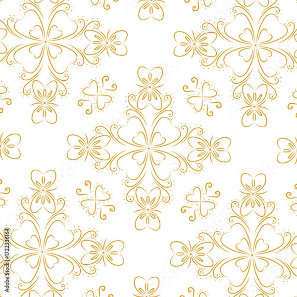 Obraz Elegant Golden Floral Swirl Seamless Pattern with Heart-Shaped Petals and Ornamental Leaves – Vintage Decorative Background for Textile, Wallpaper, and Surface Design
