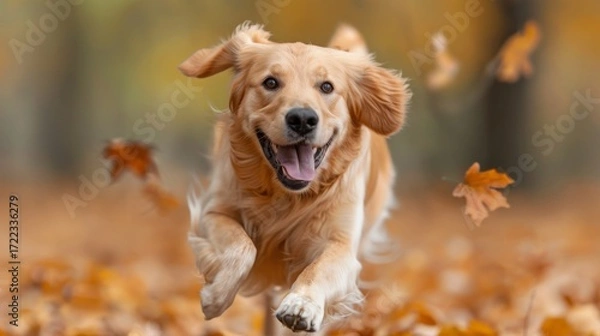 Fototapeta Lively golden retriever delightfully running through a pile of colorful autumn leaves in the forest