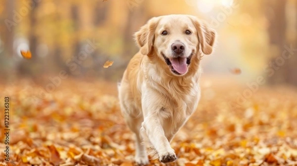 Fototapeta Elegant golden retriever joyfully running through a leaf-strewn forest in autumn season