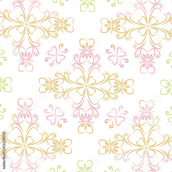 Fototapeta Seamless Pastel Floral and Butterfly Pattern with Elegant Symmetrical Motifs on Soft Beige Background – Perfect for Textile, Wallpaper, Stationery, and Spring-Themed Decorative Projects