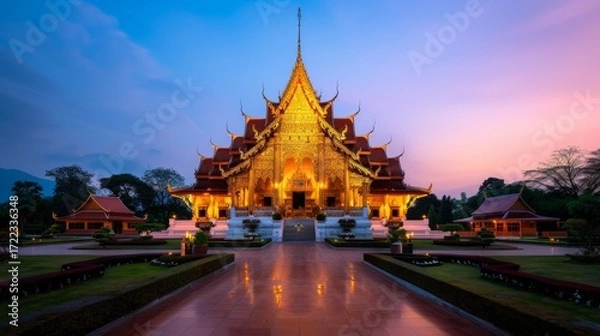 Fototapeta Golden temple bathed in soft evening sunlight with intricate architectural details and serenity