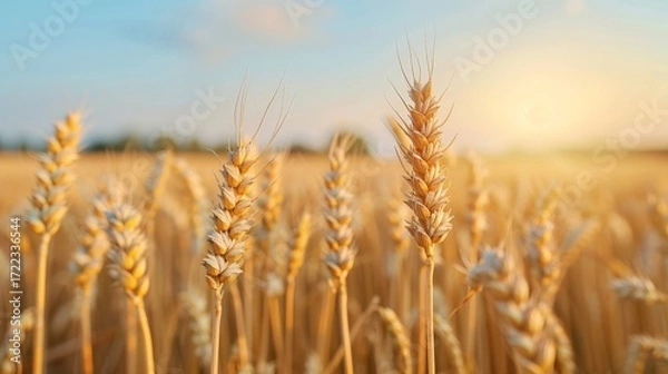 Fototapeta Lush golden wheat fields swaying gracefully in a gentle breeze under a clear blue sky