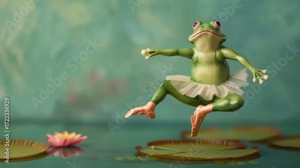 Fototapeta Whimsical frog in a tutu dancing gracefully in an impressionistic ballet scene filled with color