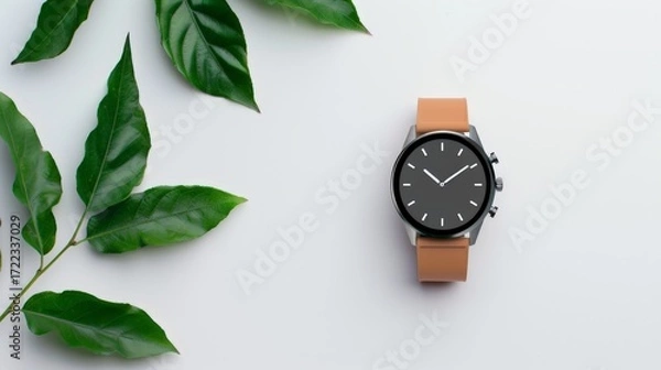 Fototapeta Product photography of a smartwatch on a clean white surface surrounded by green plant elements