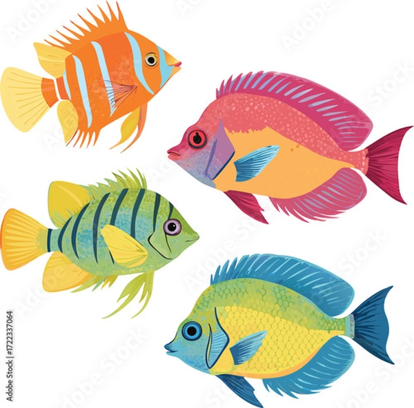 Fototapeta Bright tropical fish collection with neon fins, flat fill, white background