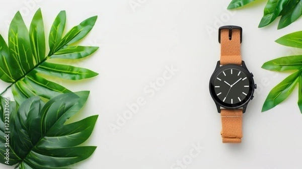 Fototapeta Elegant smartwatch resting on a clean white surface surrounded by fresh green leaves in nature