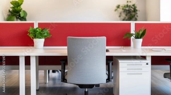 Fototapeta Modern flexible workspace featuring a stylish desk with a comfortable chair and decorative plant