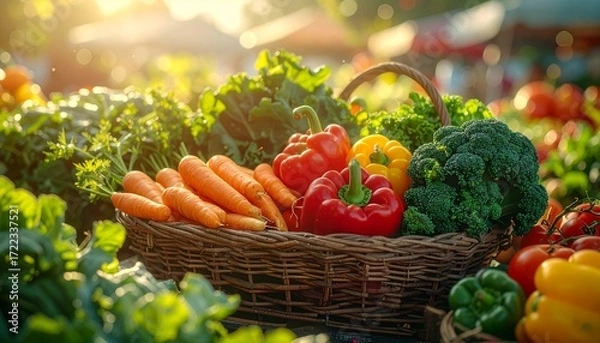 Fototapeta Colorful assortment of freshly harvested produce in a rustic basket, bathed in warm morning sunlight at a local market stall