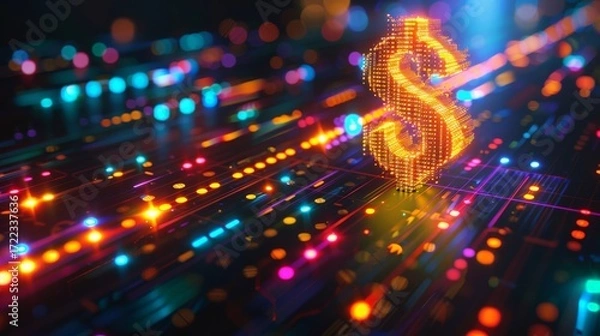 Fototapeta Futuristic digital circuit featuring a glowing dollar sign representing financial technology concepts