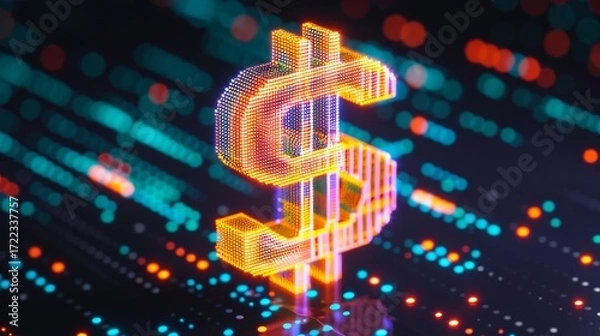 Fototapeta Vibrant digital background showcasing a glowing dollar sign highlighting financial technology trends