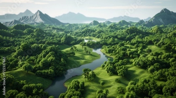 Fototapeta Serene small river flowing through a lush green forest capturing nature's beauty in a picturesque scene
