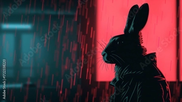 Fototapeta A determined rabbit in a trench coat braving the rain in a classic noir detective atmosphere