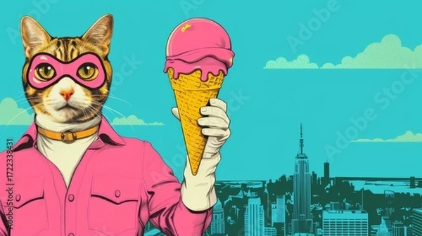 Fototapeta A cute cat dressed in a pink shirt happily enjoying an ice cream cone in a playful pop art scene