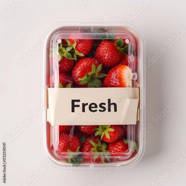Fototapeta Close-up view of juicy strawberries arranged neatly in a transparent plastic container for sale