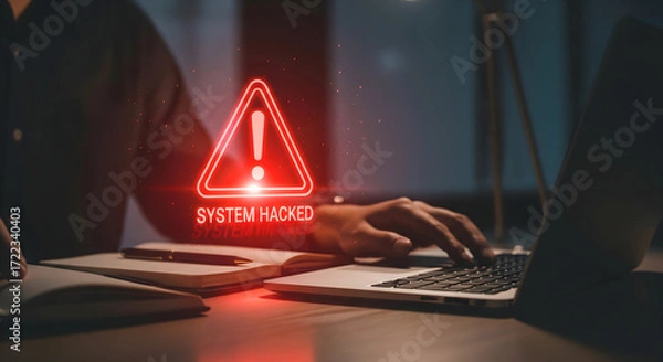 Fototapeta Urgent system hacked alert flashes as person frantically types on laptop