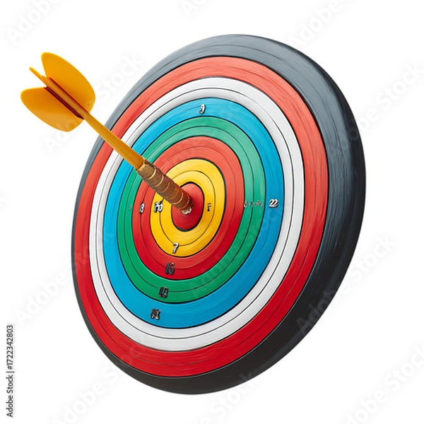 Fototapeta Dart hitting the bullseye on a colorful target isolated on transparent background.