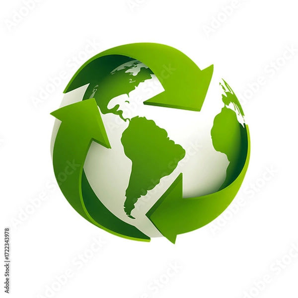 Fototapeta Green recycling arrows around planet earth isolated on transparent background.
