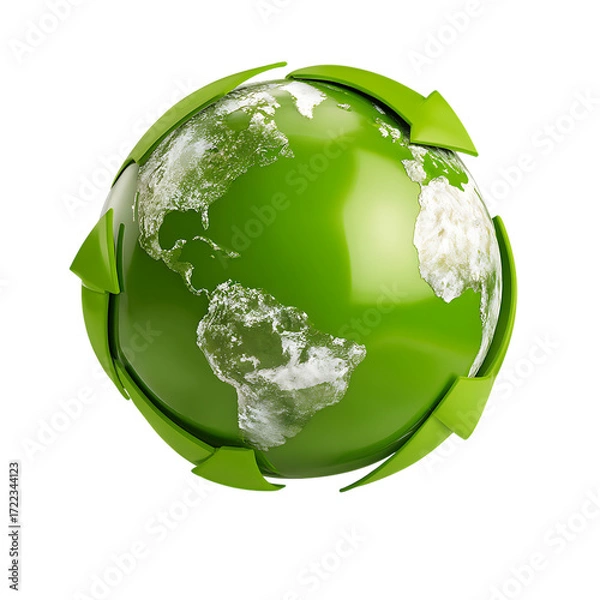 Fototapeta Green earth globe with recycling arrows isolated on transparent background.