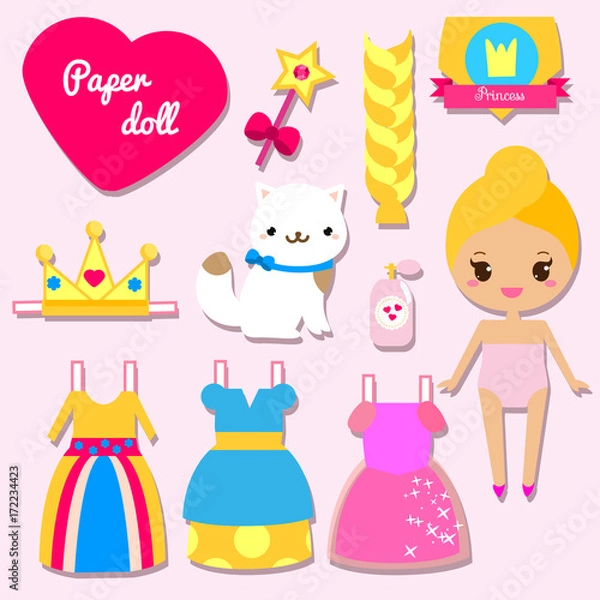 Fototapeta Cute princess paper doll for kids girls. Dress up the doll game