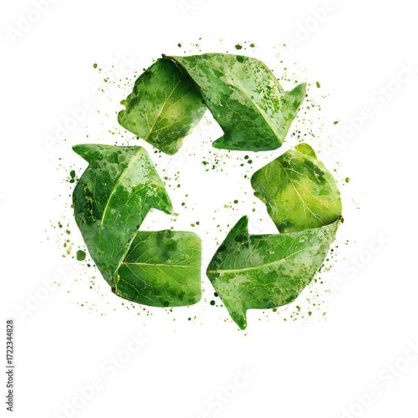 Fototapeta Green leaf recycling symbol with water droplets isolated on transparent background.