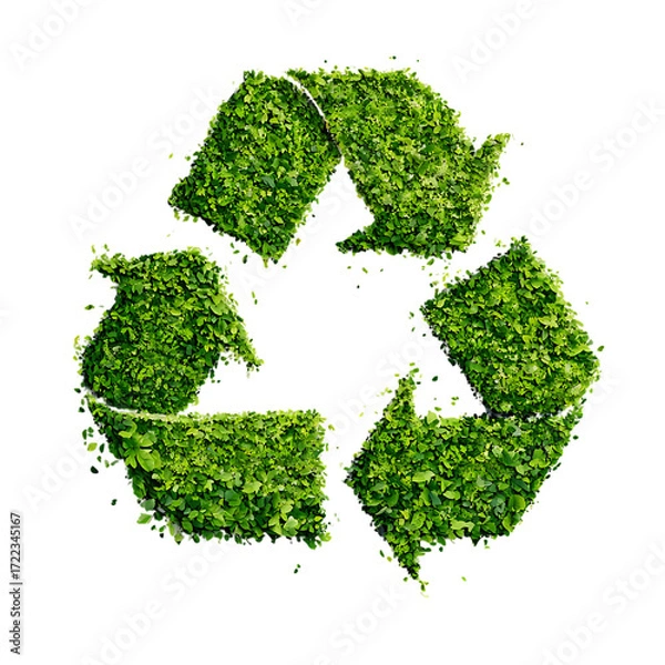 Fototapeta Recycling symbol made of green leaves isolated on transparent background.