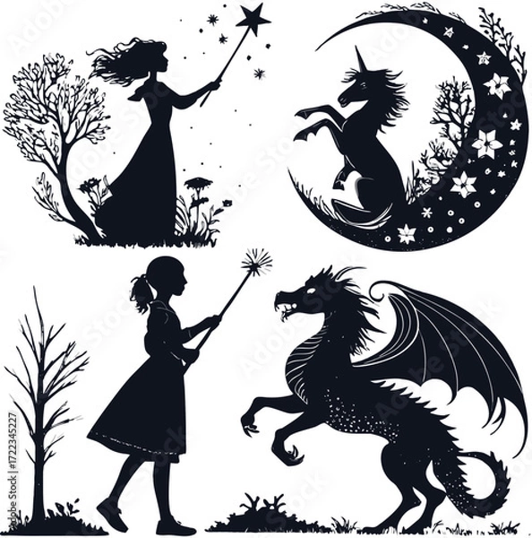 Fototapeta Set of 4 designs solid black silhouette fantasy, magic wand, fairy, unicorn, castle, dragon, full black fill, realistic proportions, isolated on white background, vector-friendly, no text.