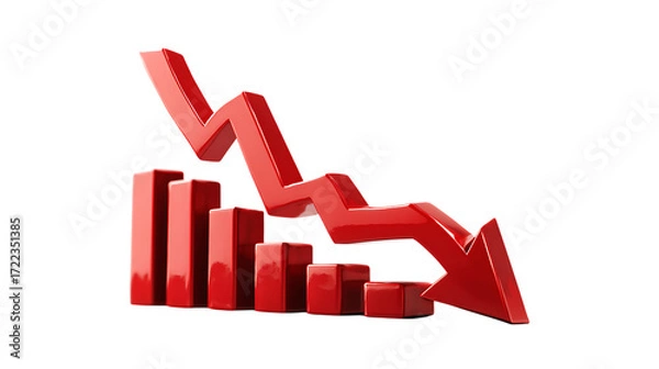 Fototapeta Red downward trending graph isolated on transparent background.