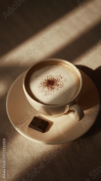 Fototapeta Cup of coffee with chocolate bar. Natural shadows.