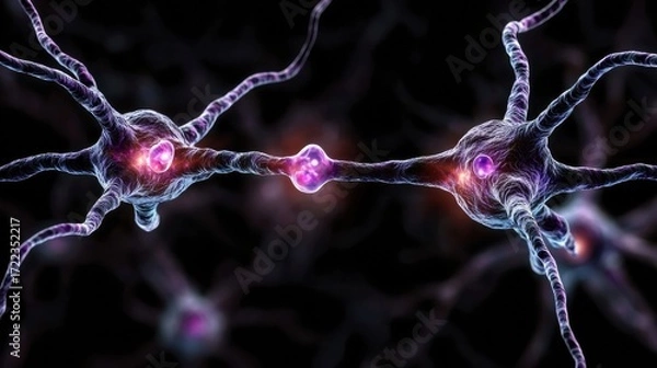 Fototapeta Breathtaking Illustration of Two Neurons Illustrating Synaptic Activity with Striking Red Light Highlighting Microphysical Interaction