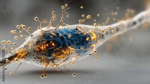 Fototapeta Exploring the Intricacies of a Microscopic Cell with a Focus on Glowing Neuron Networks in a 3D Cinematic Render