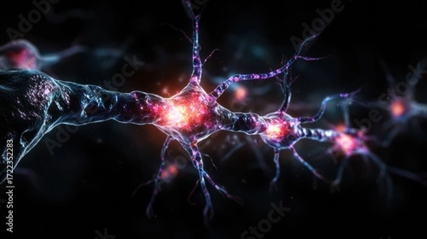 Fototapeta Exploring the Microscopic World of Neurons: Black and Purple Structures Illuminated by Red Light