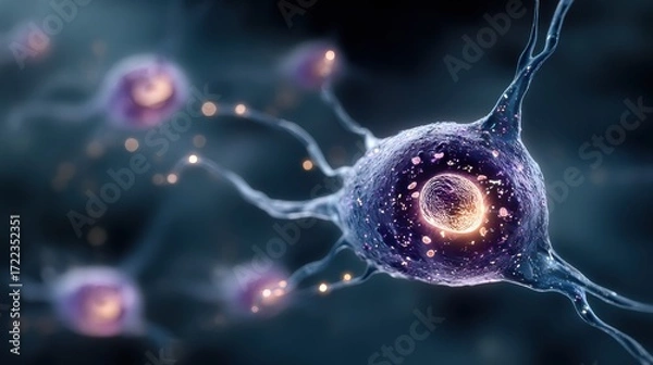 Fototapeta Exploring the Intricate World of Midbrain Neurons through Microscopic Imaging of Substantia Nigra Cells and Their Nuclei