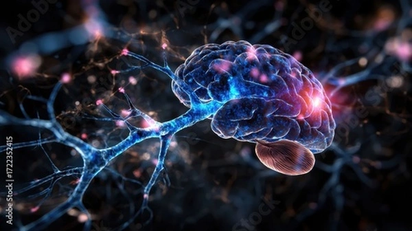 Fototapeta Exploring the Microscopic World of Neurons: A Stunning Visual of Brain Structure with Blue Highlighted Neurons