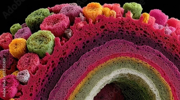 Fototapeta Exploring the Microscopic Wonders of a Rainbow Cake Cross Section with Vibrant Frosting Layers