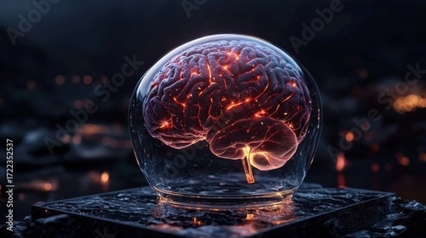Fototapeta Exploring the Microscopic World of the Brain: A Transparent Glass Ball Showcasing Intricate Brainstem Tissue