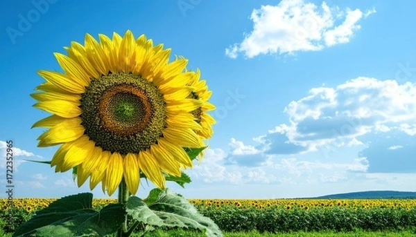 Fototapeta A vibrant sunflower stands tall amidst a field of its companions under a vast, sunny sky.