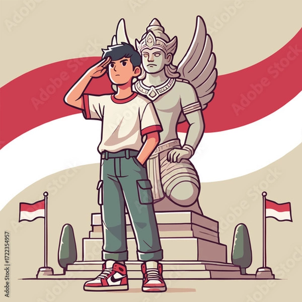 Fototapeta Young Man Giving Respectful Salute with a Garuda Statue and Indonesian Flags
