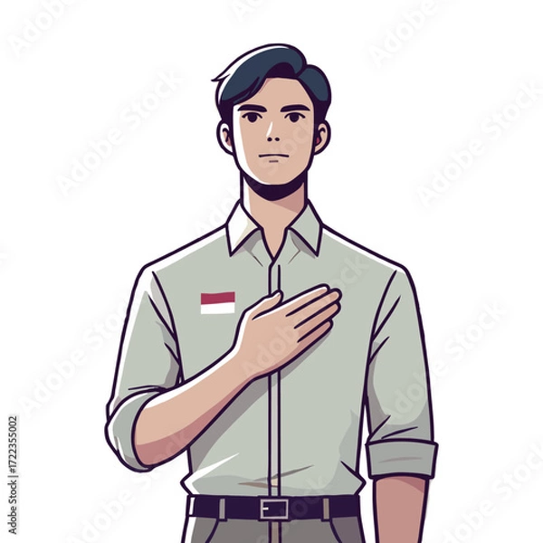 Fototapeta Man with hands on chest symbolizes pride in Indonesia in a white background