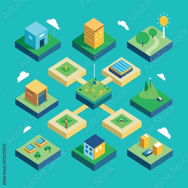 Obraz Isometric Miniature World with Buildings and Landscapes
