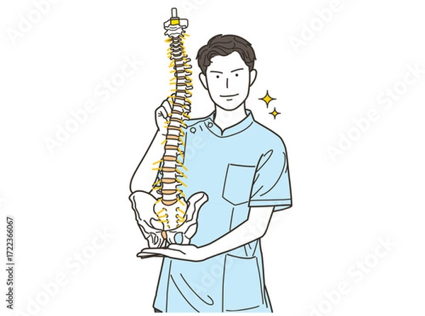 Obraz 骨格模型を持つ白衣姿の笑顔の男性